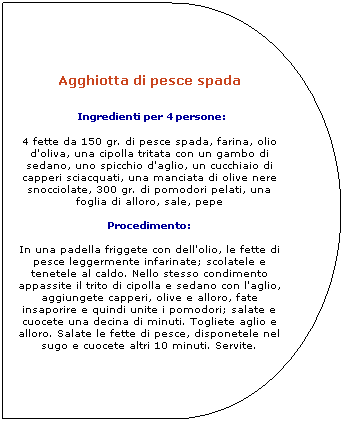 Ritardo: Agghiotta di pesce spada
 Ingredienti per 4 persone: 

4 fette da 150 gr. di pesce spada, farina, olio d'oliva, una cipolla tritata con un gambo di sedano, uno spicchio d'aglio, un cucchiaio di capperi sciacquati, una manciata di olive nere snocciolate, 300 gr. di pomodori pelati, una foglia di alloro, sale, pepe 

Procedimento: 

In una padella friggete con dell'olio, le fette di pesce leggermente infarinate; scolatele e tenetele al caldo. Nello stesso condimento appassite il trito di cipolla e sedano con l'aglio, aggiungete capperi, olive e alloro, fate insaporire e quindi unite i pomodori; salate e cuocete una decina di minuti. Togliete aglio e alloro. Salate le fette di pesce, disponetele nel sugo e cuocete altri 10 minuti. Servite. 
