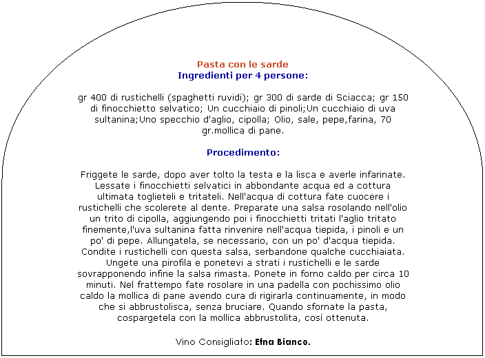 Ritardo: Pasta con le sarde 
Ingredienti per 4 persone: 

gr 400 di rustichelli (spaghetti ruvidi); gr 300 di sarde di Sciacca; gr 150 di finocchietto selvatico; Un cucchiaio di pinoli;Un cucchiaio di uva sultanina;Uno specchio d'aglio, cipolla; Olio, sale, pepe,farina, 70 gr.mollica di pane. 

Procedimento: 

Friggete le sarde, dopo aver tolto la testa e la lisca e averle infarinate. Lessate i finocchietti selvatici in abbondante acqua ed a cottura ultimata toglieteli e tritateli. Nell'acqua di cottura fate cuocere i rustichelli che scolerete al dente. Preparate una salsa rosolando nell'olio un trito di cipolla, aggiungendo poi i finocchietti tritati l'aglio tritato finemente,l'uva sultanina fatta rinvenire nell'acqua tiepida, i pinoli e un po' di pepe. Allungatela, se necessario, con un po' d'acqua tiepida.
Condite i rustichelli con questa salsa, serbandone qualche cucchiaiata. Ungete una pirofila e ponetevi a strati i rustichelli e le sarde sovrapponendo infine la salsa rimasta. Ponete in forno caldo per circa 10 minuti. Nel frattempo fate rosolare in una padella con pochissimo olio caldo la mollica di pane avendo cura di rigirarla continuamente, in modo che si abbrustolisca, senza bruciare. Quando sfornate la pasta, cospargetela con la mollica abbrustolita, cos ottenuta.
Vino Consigliato: Etna Bianco.
